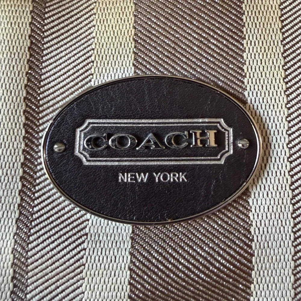 Coach Legacy Signature Stripe Satchel Khaki Mahogany Canvas Leather Handbag